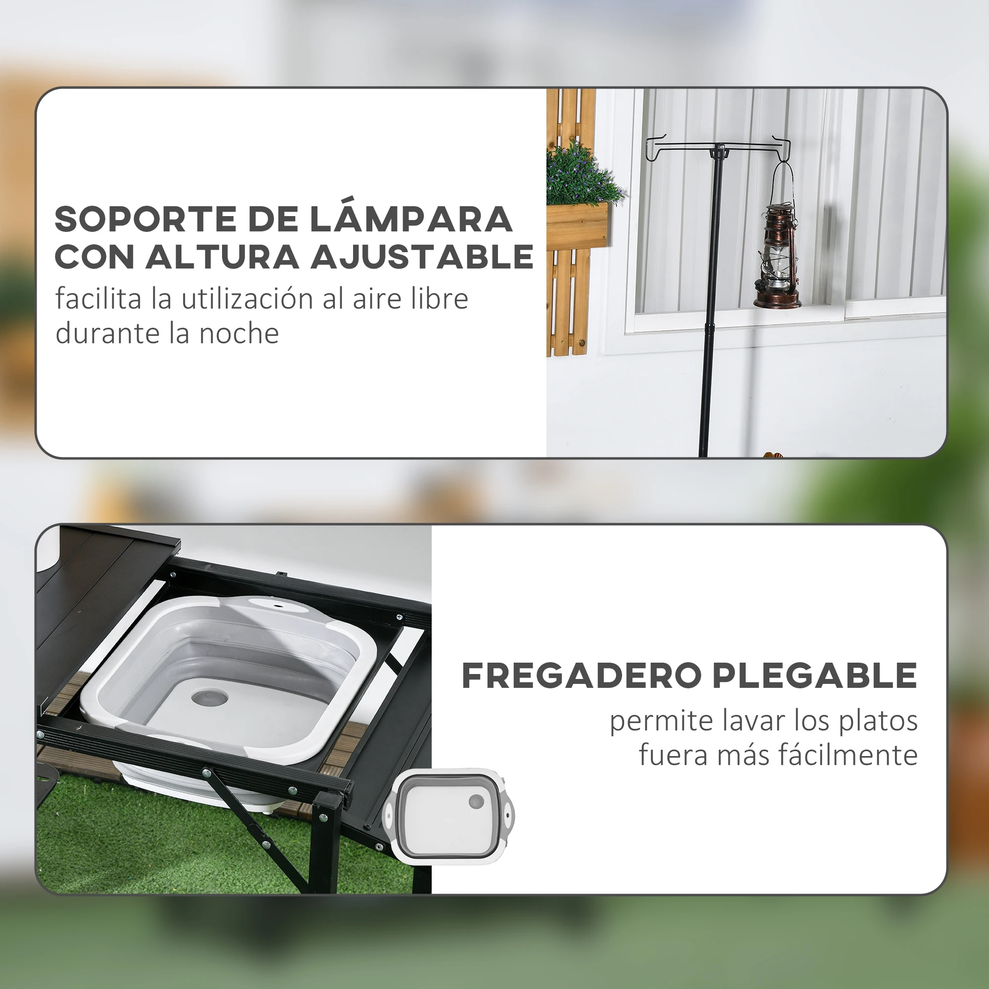 Outsunny Mesa de Cocina de Camping de 3 Niveles Mesa de Camping Plegable Portátil con Estantes de Almacenaje Fregadero Soporte para Lámpara y Bolsa de Transporte para Exterior 173x52x80-174 cm Negro - imagen 5