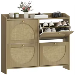 HOMCOM Zapatero Estrecho con 4 Puertas de Ratán, Zapatero Entrada Recibidor con Estantes Ajustables, para 16 Pares de Zapatos, para Espacios Reducidos, 104,5x24x88 cm, Natural