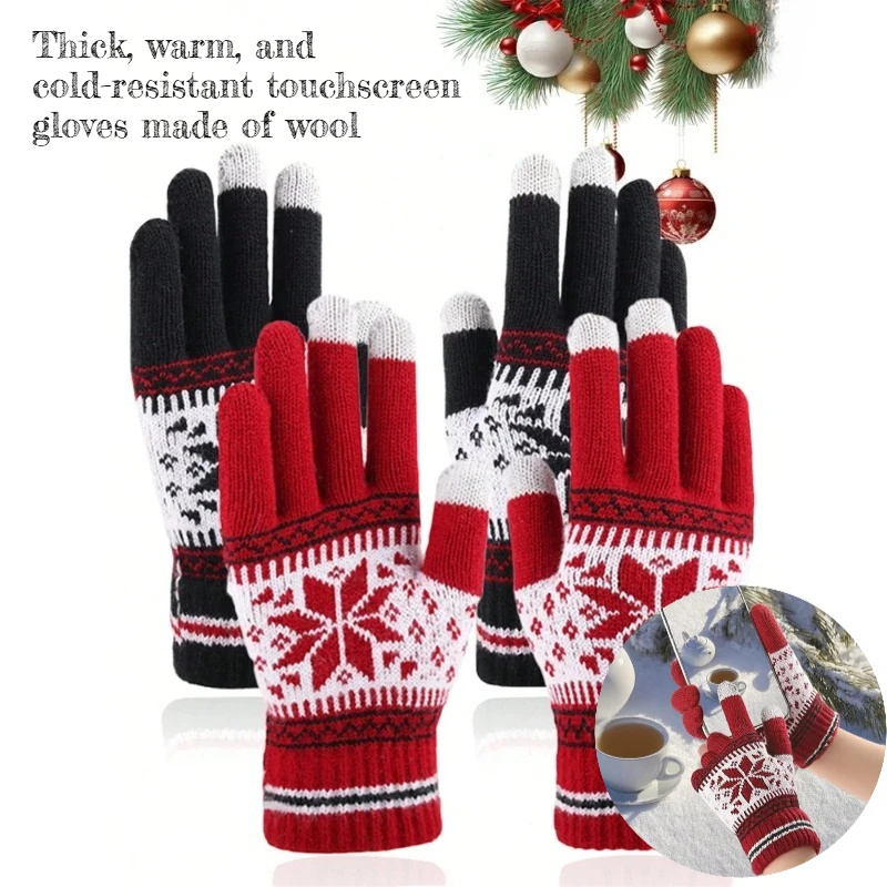 1 par de guantes de punto con pantalla táctil, patrón de copo de nieve, guantes de invierno de punto gruesos y cálidos con dedos completos para hombres y mujeres, guantes para parejas