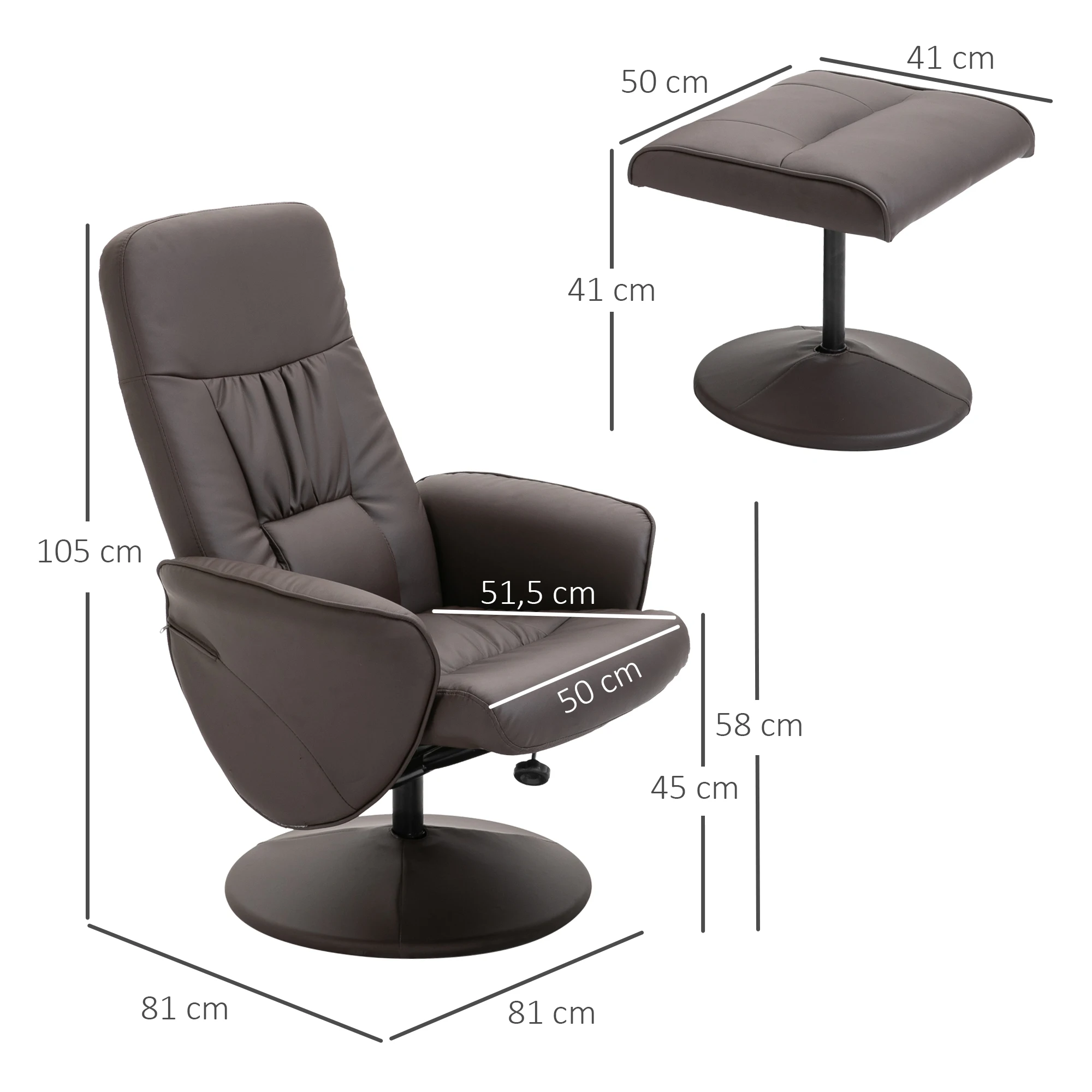 HOMCOM Sillón de Salón con Otomana Reposapiés Tapizado en PU Sillón Relax Reclinable hasta 145° y Giratorio 360° con Respaldo Ajustable para Salón Dormitorio Oficina 76x81x101 cm - imagen 3