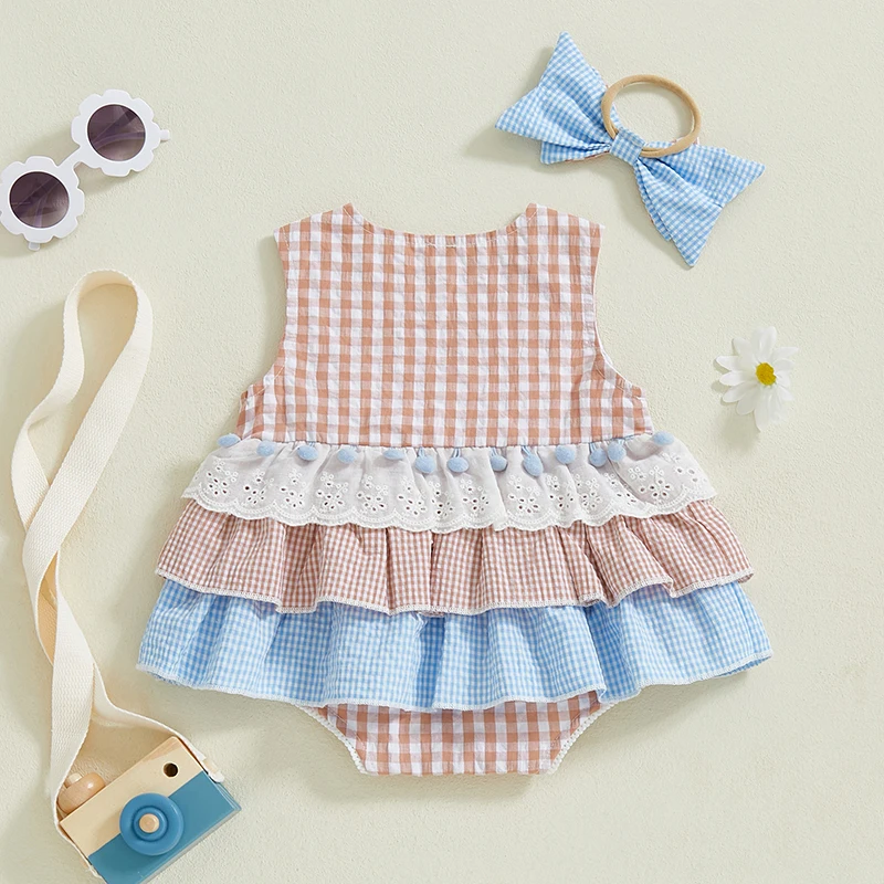 Tregren Mameluco de cuadros con lazo para niña – Verano - imagen 3
