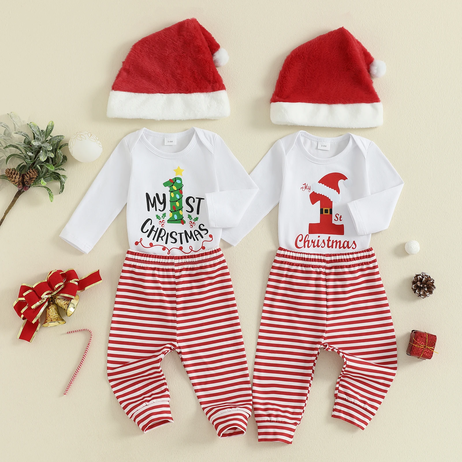 SUNSIOM Conjuntos de trajes navideños para bebés de 0 a 18 meses, mameluco con estampado de letras y cuello redondo de manga larga, pantalones a rayas, conjuntos de sombrero de Papá Noel