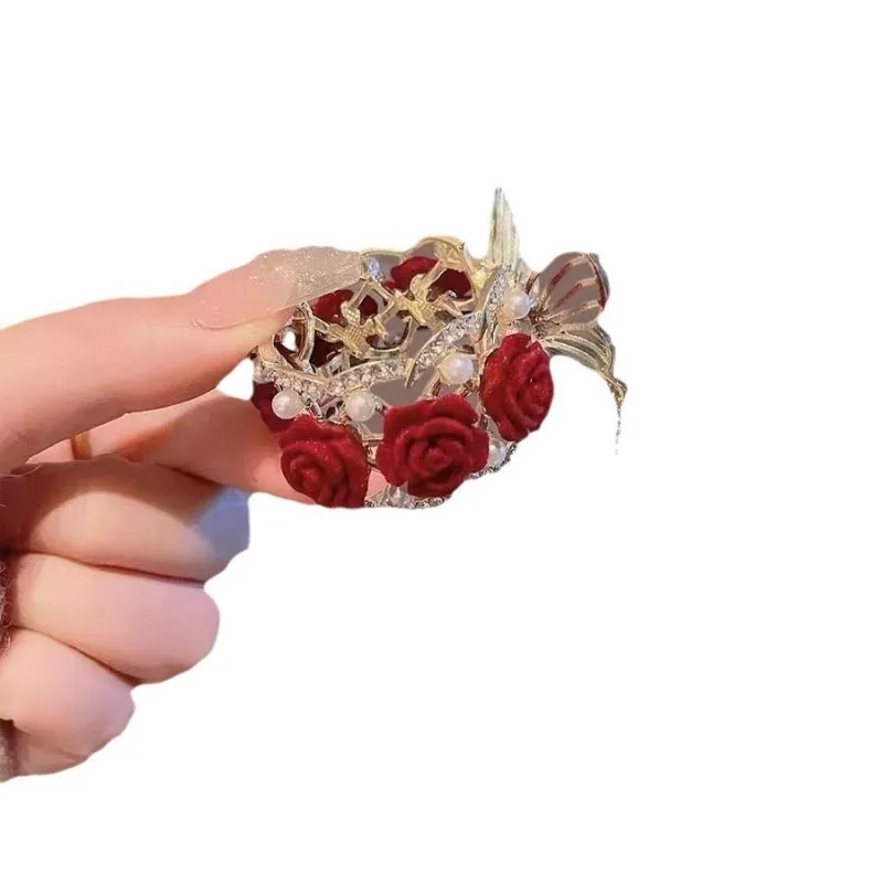 Pinza de garra con borla de rosa roja vintage para niñas: elegante accesorio para el cabello, soporte antideslizante para coletas altas, sin tirar del cabello. - imagen 5