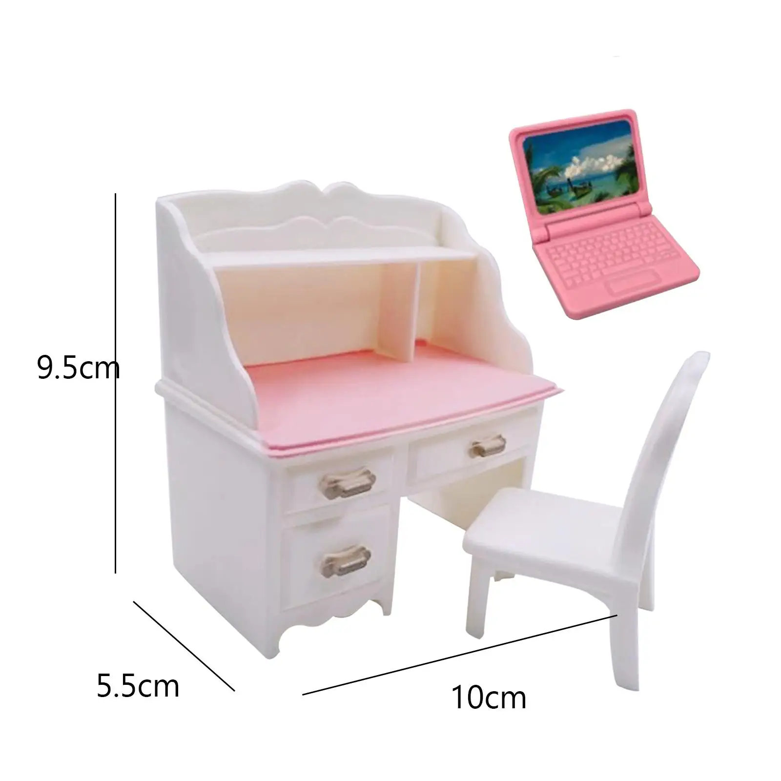 2xDollhouse Miniature Desk Chair for Living Room Decor With Pink Laptop