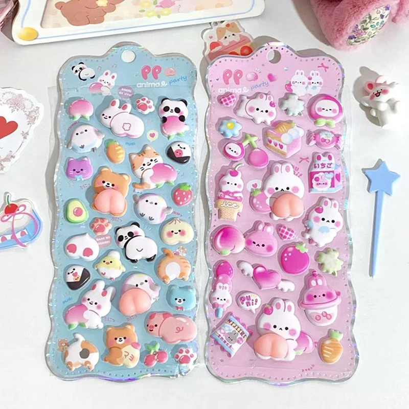 1 hoja de pegatinas 3D bonitas, pegatinas Kawaii de animales y conejos, pegatinas rosas blandas para Fidget DIY para funda de teléfono, álbum de recortes reutilizable TMZ