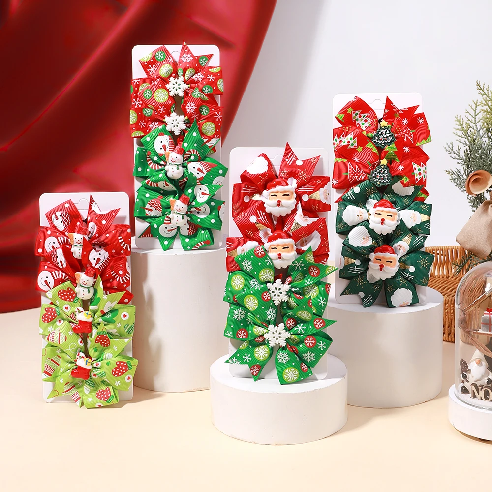 Juego de 4 Uds de pinzas para el pelo con lazo de Navidad para niñas, bonito regalo de fiesta de año nuevo, tocado con horquillas DIY, accesorios para el cabello para niños - imagen 2