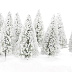 Diorama scene, 10 modelos de árboles de pino en miniatura, nieve blanca, tren forestal de invierno, juego de guerra de ferrocarril, diseño de paisaje, escala OO