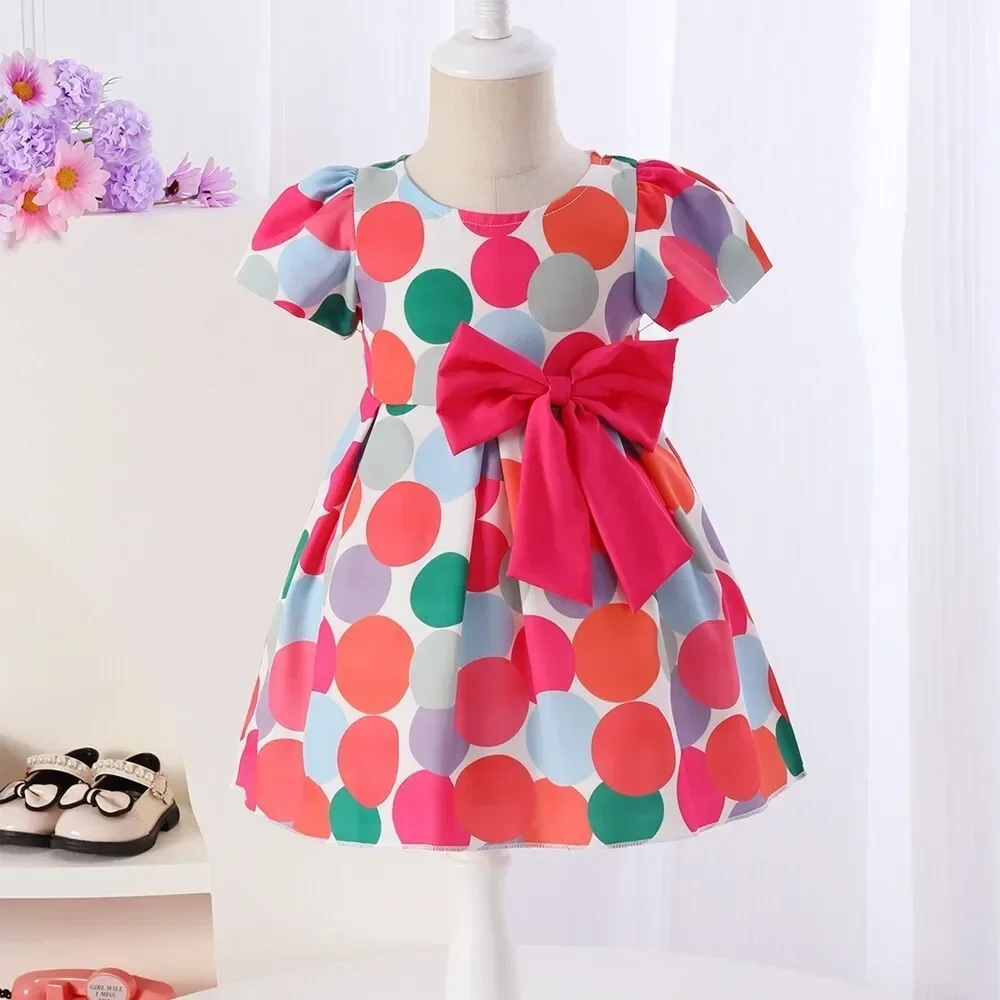 Vestidos de princesa a la moda para bebé de 3 a 24 meses, patrón de lunares de manga corta con lazo grande, vestido de fiesta de cumpleaños de verano para niña pequeña