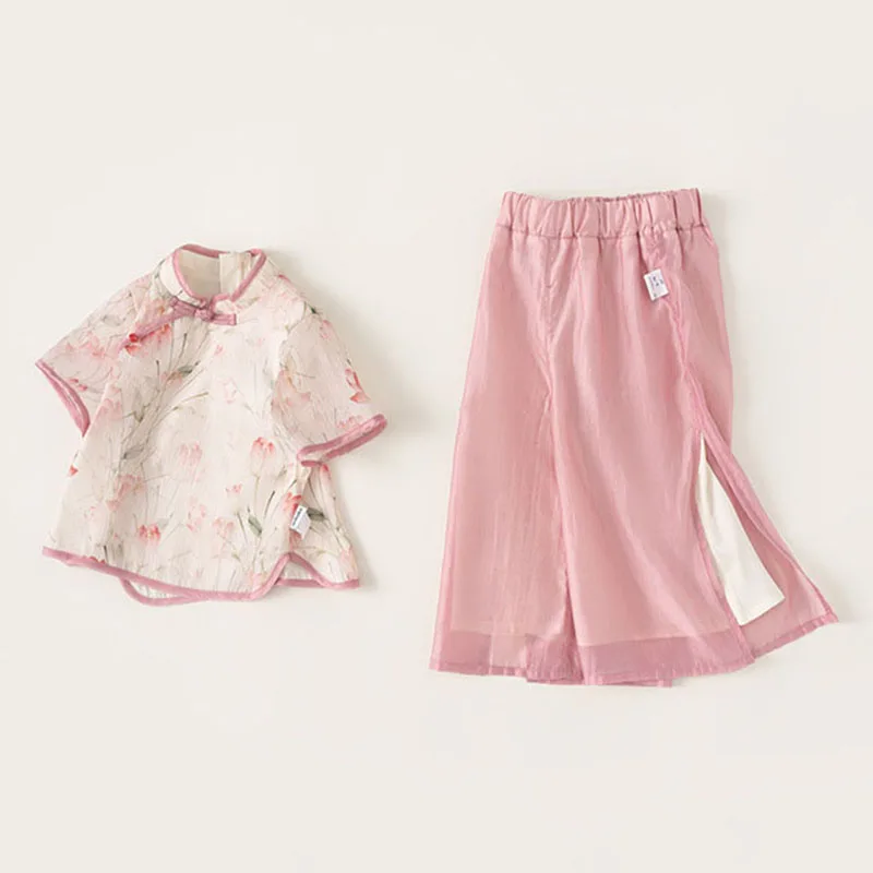 Ropa de Boutique de verano para niñas, 2 piezas, estilo chino, moda de flores, Tops rosas de manga corta para bebés + Pantalones de malla, ropa para niños B118 - imagen 3