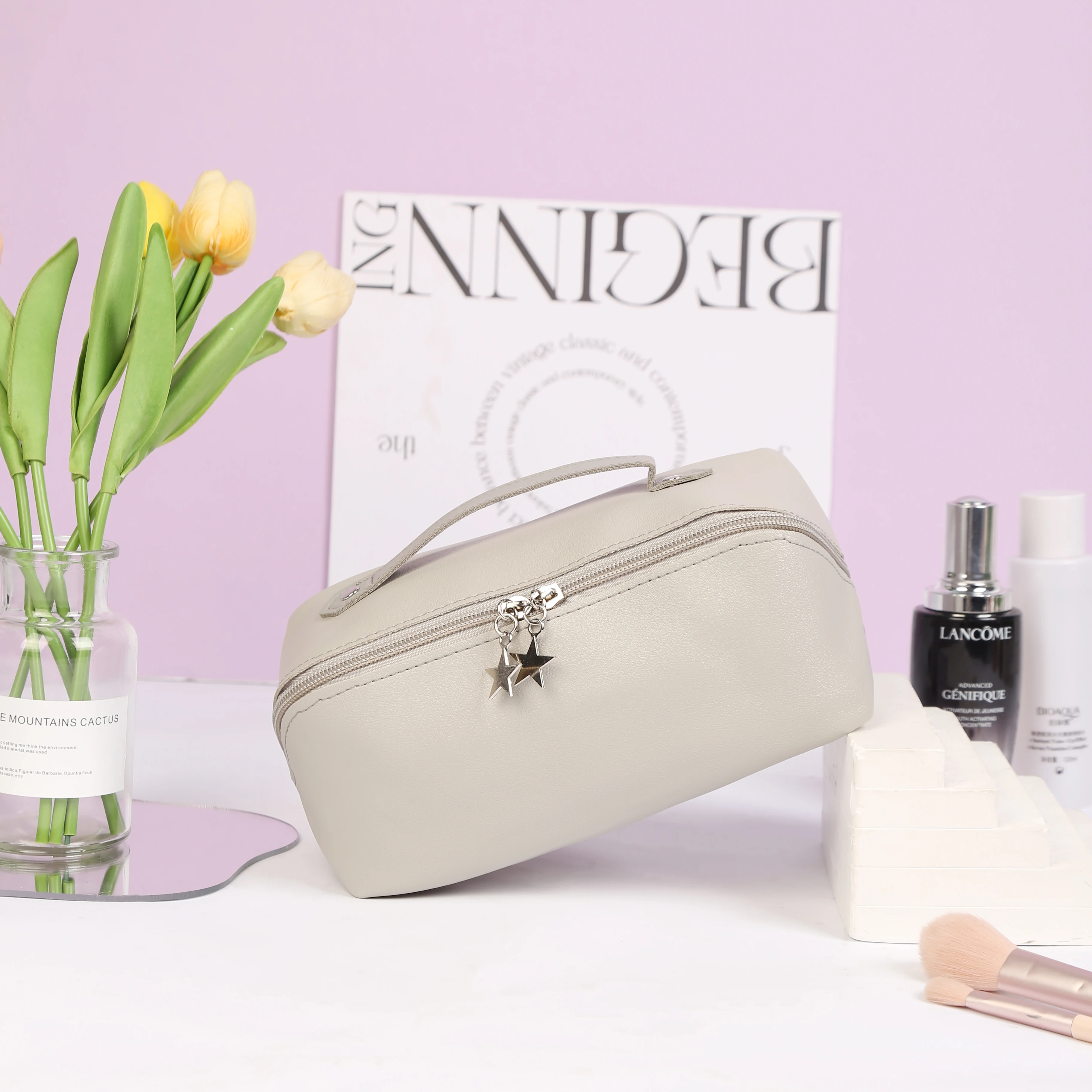 Bolsas de cosméticos para mujer, elegante bolsa de maquillaje de cuero PU, organizador de artículos de tocador de viaje, bolsa colgante de almacenamiento, bolso de maquillaje de mano coreano - imagen 5