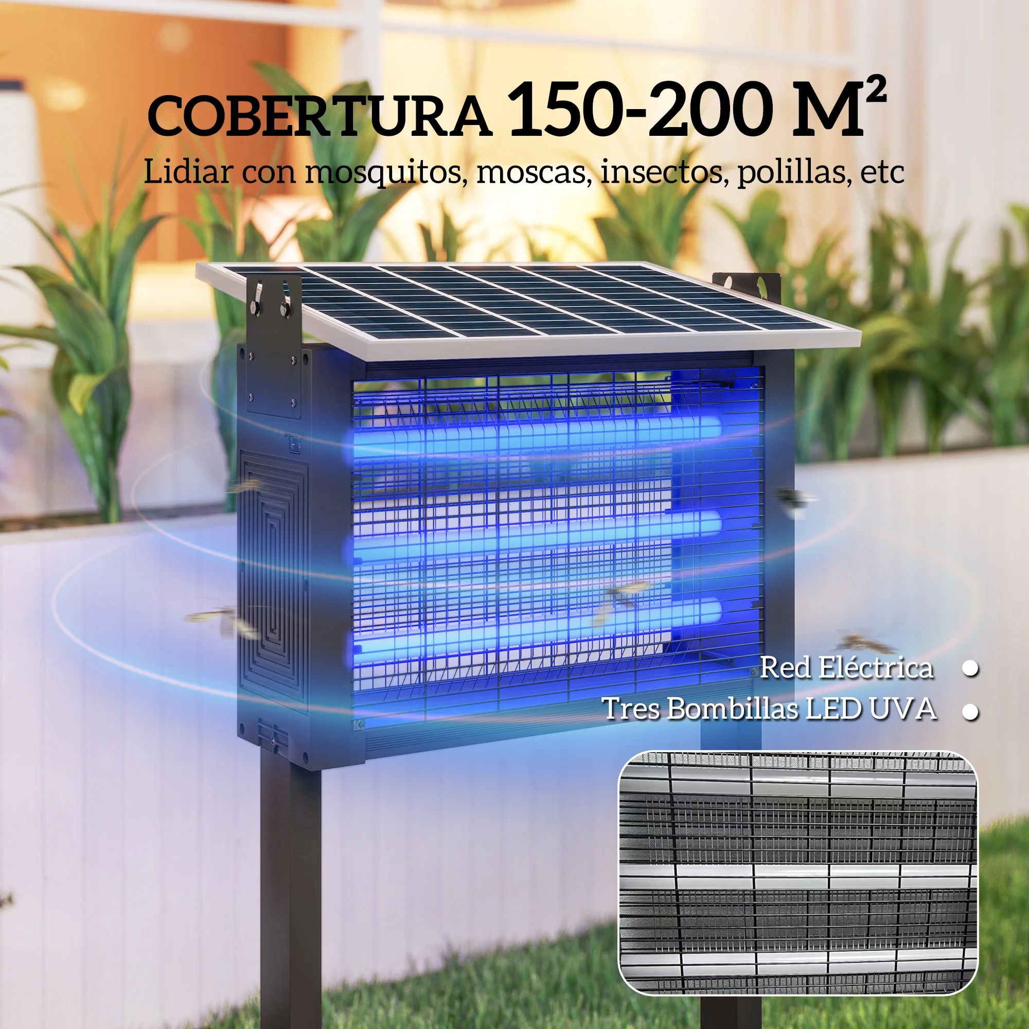 Outsunny Lámpara Antimosquitos Eléctrica con Luces LED Mata Mosquitos Eléctrico 25W para Exterior Efecto 200 m² con Soporte Panel Ajustable Lámpara UV Repelente de Insectos Moscas Polillas - imagen 4