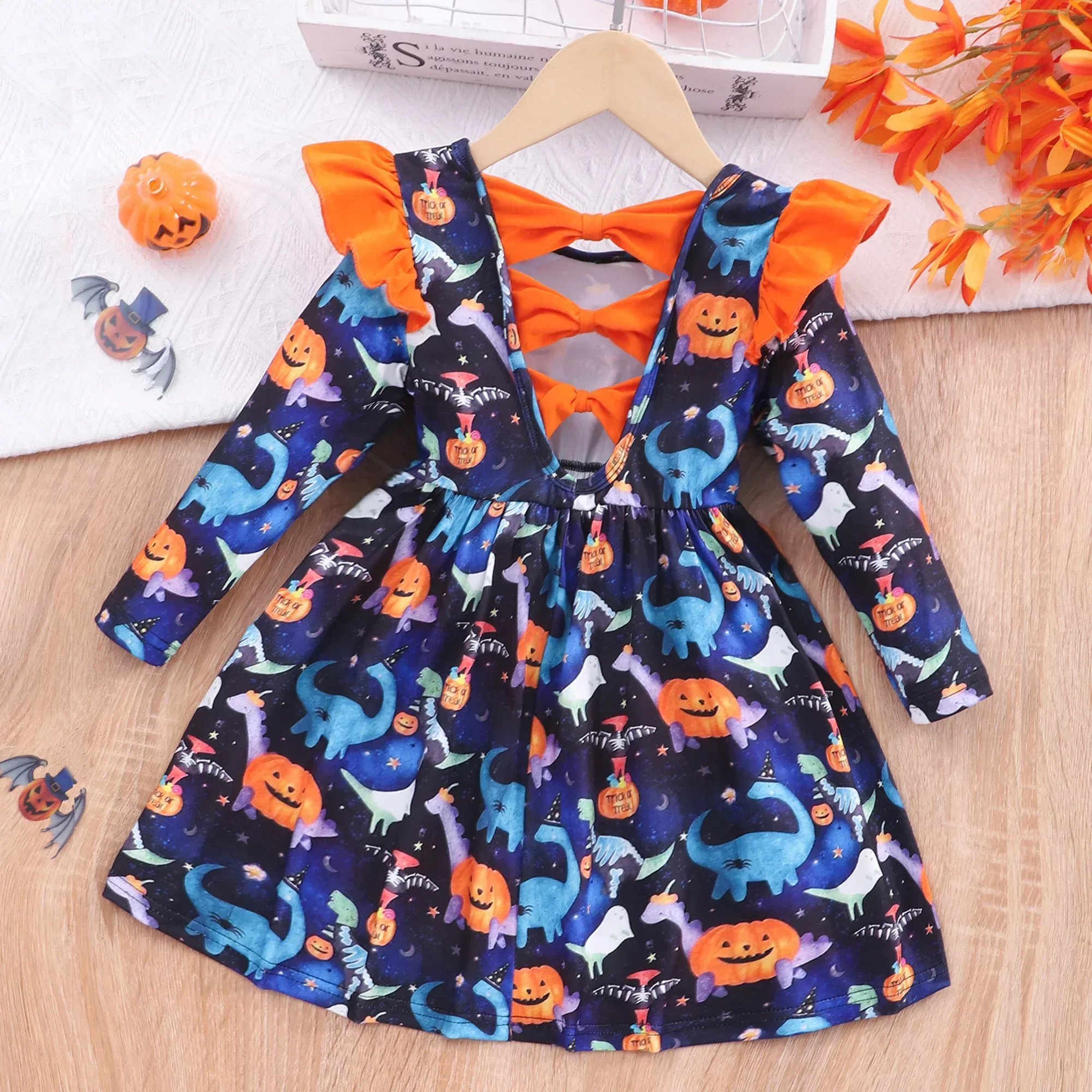 Ropa de Halloween para niños y niñas, manga larga, cuello de calabaza, volantes, ropa Floral para niños, lindo vestido dulce para niñas de 2 a 7 años, Invierno - imagen 2