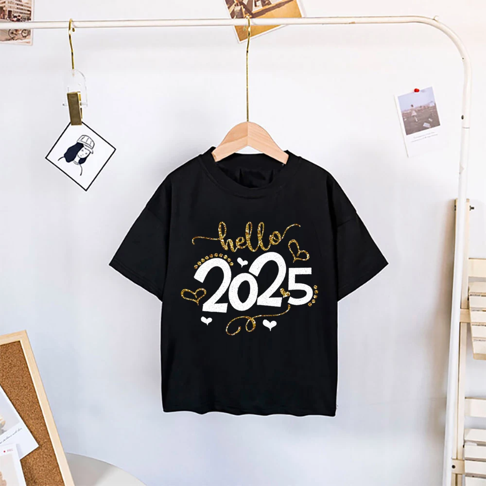 Hello 2025 Happy New Year Print Kids Shirt Boys Girls New Yeat Outfits T-shirt Holiday Party Child Shirts Short Sleeve Tops Tee - imagen 3