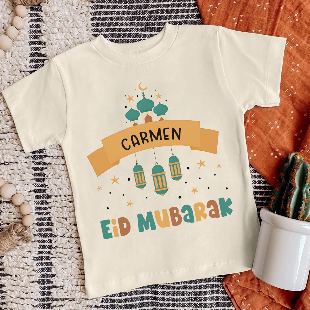 Camisas Retro personalizadas con estampado de Eid Mubarak, camiseta personalizada con nombre para niños, camiseta de Eid Ramadán para niños, traje de vacaciones musulmán islámico para niños y niñas