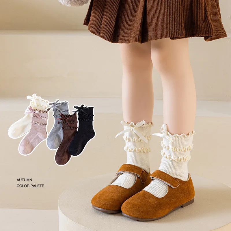Calcetines cortos con borde enrollado para invierno y otoño, bonitos calcetines de princesa con borde de oreja de madera para niñas, calcetines cortos con lazo para estudiantes - imagen 4