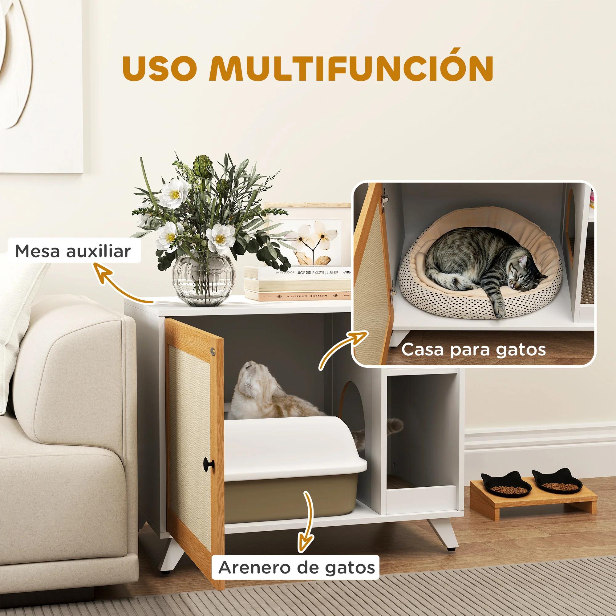 PawHut Mueble Arenero para Gatos Caja de Arena para Gatos con Puerta con Almohadilla para Rascar y Compartimento Arenero para Gatos para Salón Dormitorio 77x50x63 cm Blanco - imagen 4