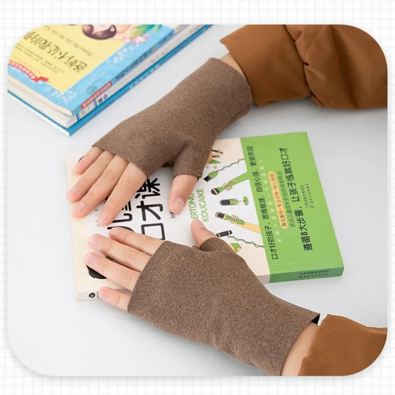 Guantes de medio dedo para niños para escribir, manoplas térmicas de tela de desarrollo, cobertura cálida para la muñeca para tareas escolares, niño y niña - imagen 3
