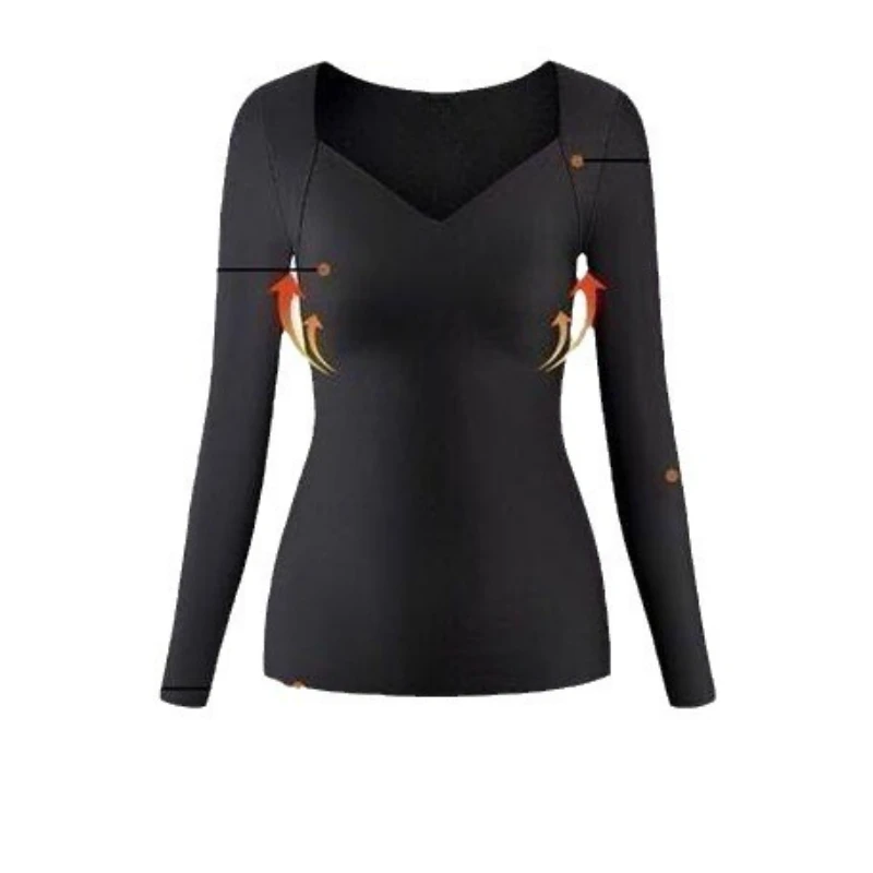 Top de capa base de manga larga cálido sin costuras para otoño-invierno para mujer - Ropa interior de cuello bajo ajustada con alfombrilla para el pecho de piel de belleza 3 en 1 - imagen 4