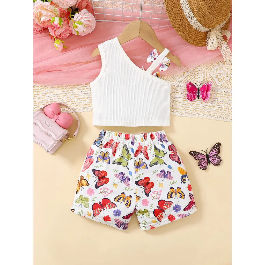 Traje de 2 uds para niña pequeña, Tops con hombros inclinados recortados con dos lazos + pantalones cortos con estampado de mariposas, trajes de moda de verano para bebé de 0 a 3 años - imagen 2