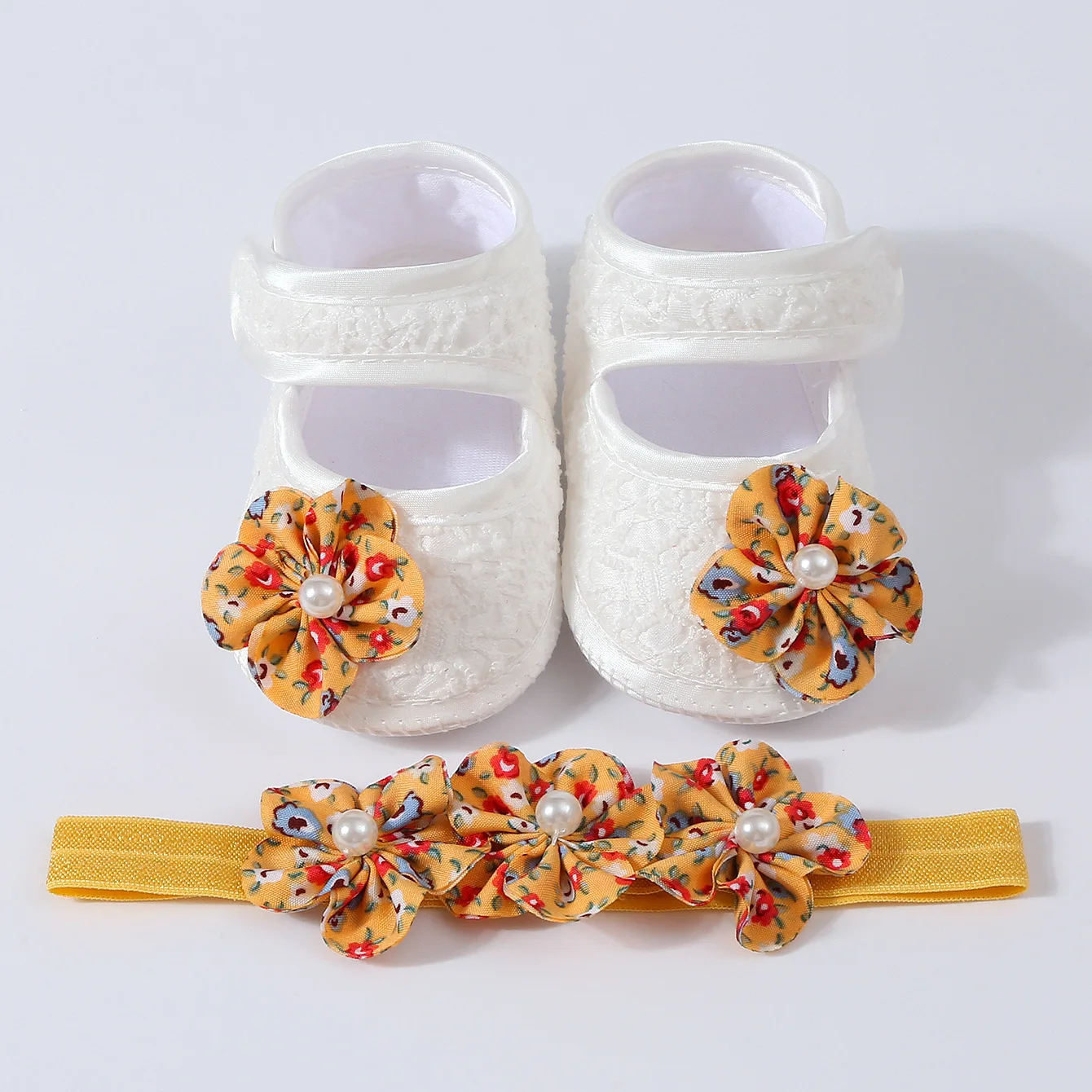 New 1Set Floral Pearl Headband Antiskid White Baby Shoes Newborn Toddler Prewalker Shoes Solid Floor Socks Girls Socks Headwear - imagen 3