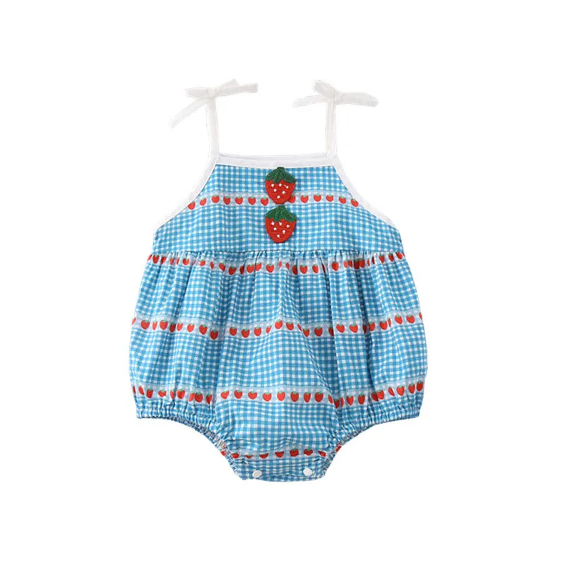 MILANCEL-Body con tirantes para bebé, novedad de verano, mono de una pieza con bordado de fresa a cuadros azules para niña pequeña - imagen 5