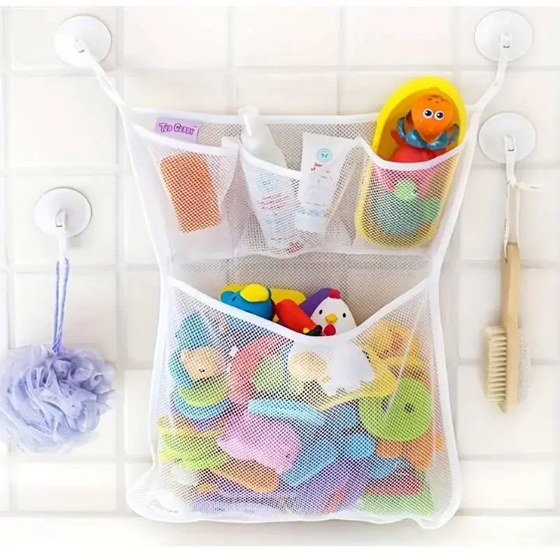 Juguetes de baño para Baby Shower, malla de almacenamiento de juguetes blanca para bebés y niños con fuertes ventosas, bolsa de juguetes, organizador de baño de red - imagen 2