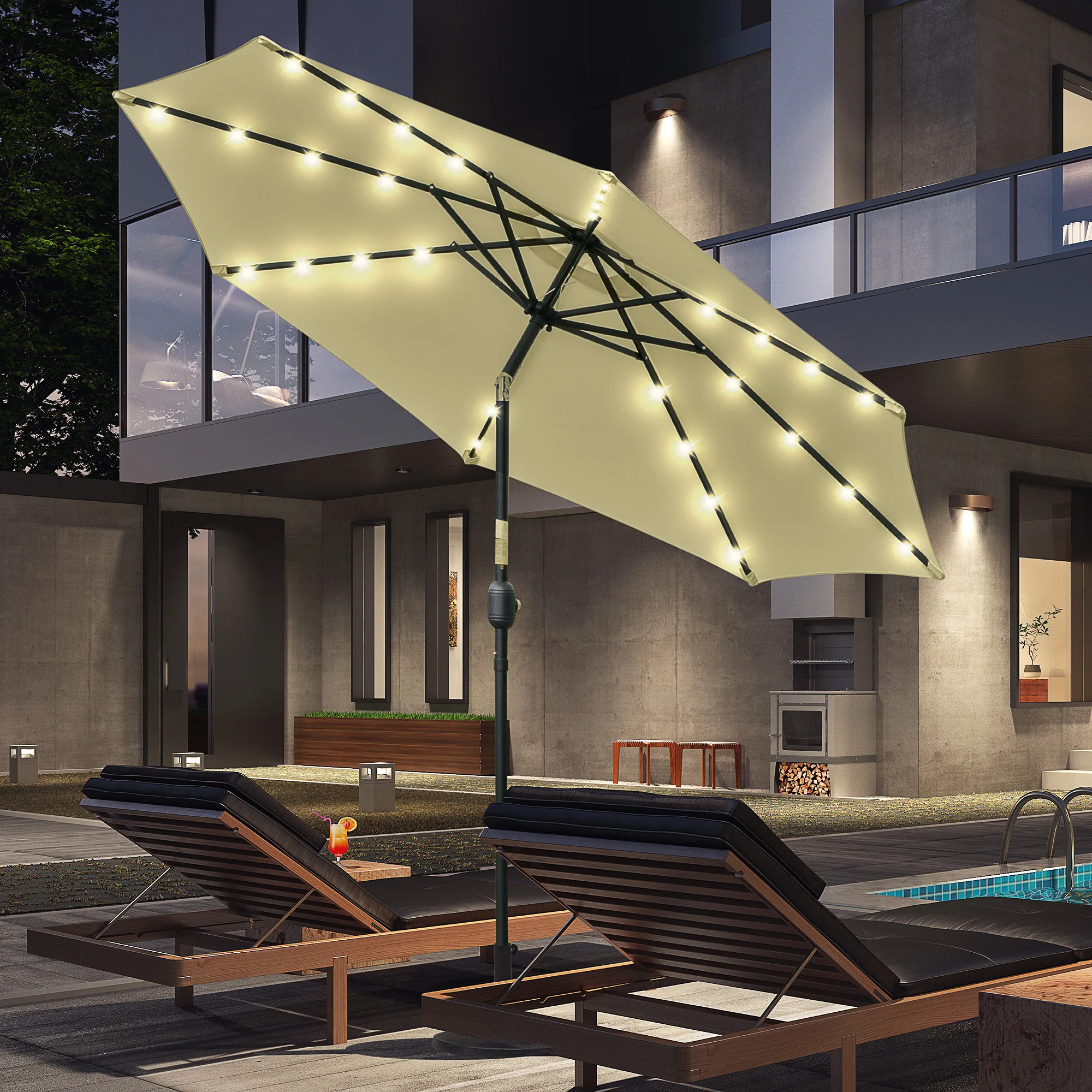 Outsunny Sombrilla de Jardín con 32 Luces LED Solares Ø265x233 cm Parasol Inclinable con Manivela y Poste de Acero para Terraza - imagen 2