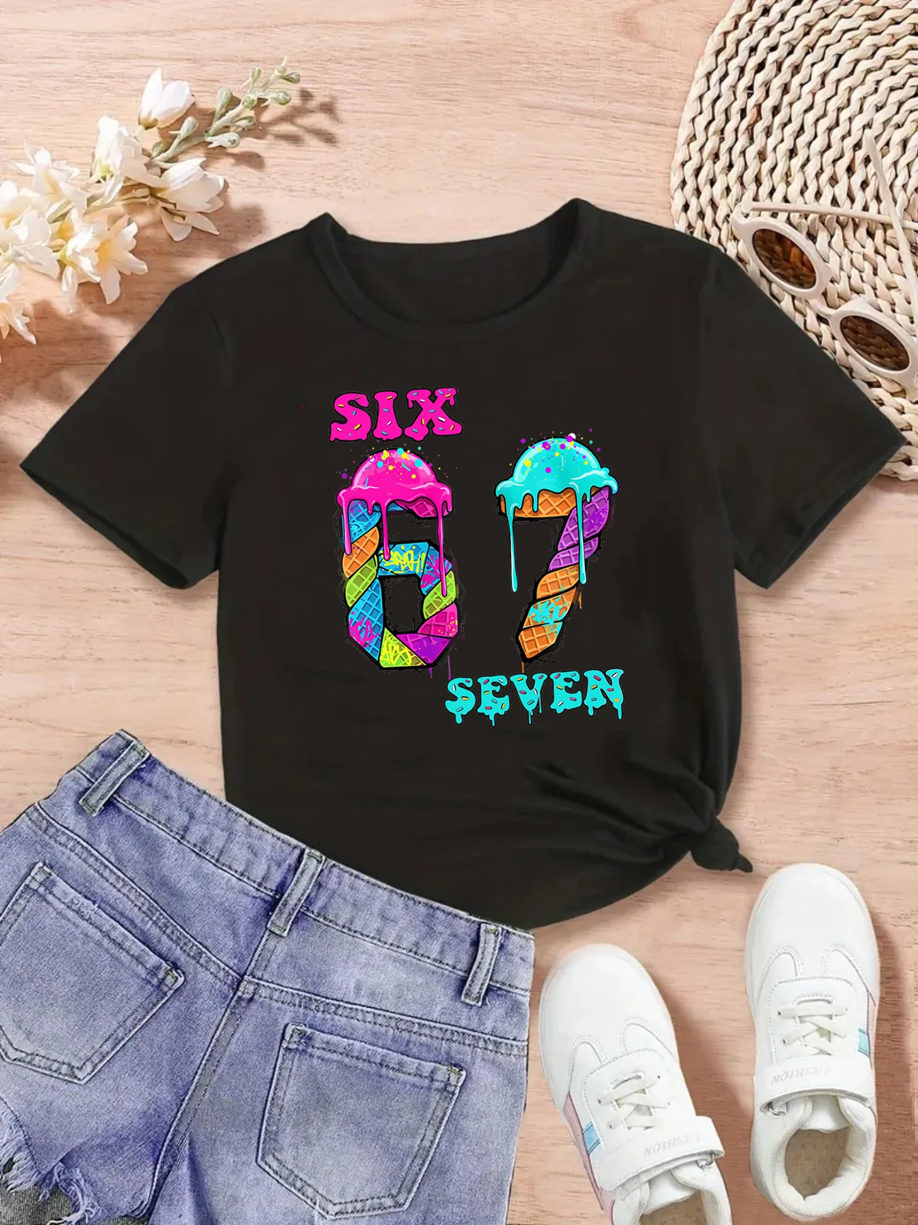 Camiseta colorida con estampado de helado 67 Six Seven Meme para niñas/niños, regalo de 6 a 7 ° cumpleaños, ropa divertida Kawaii para niños