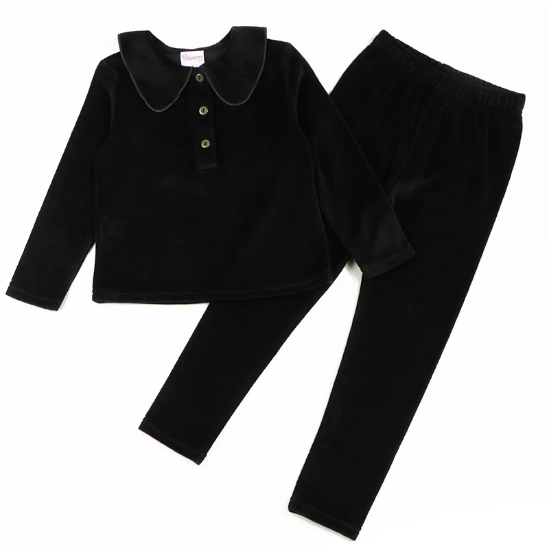 Ropa de invierno para bebés y niños, conjuntos de 2 piezas, pantalones para niños, ropa para niños, terciopelo negro con cuello verde