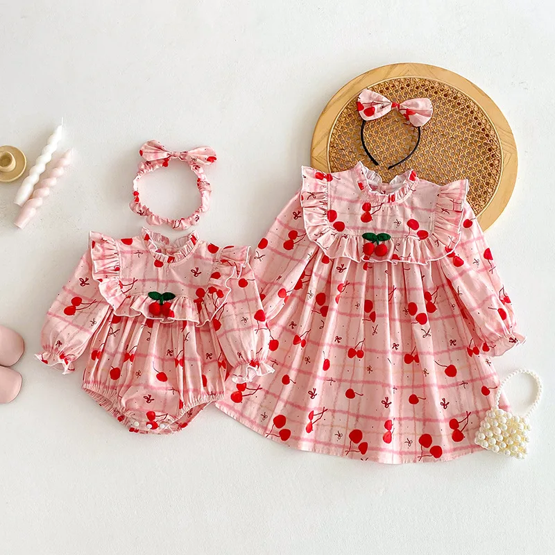 Ropa de bebé con estampado de cereza, ropa para hermanos, mono para hermanas pequeñas, traje infantil, otoño 2025