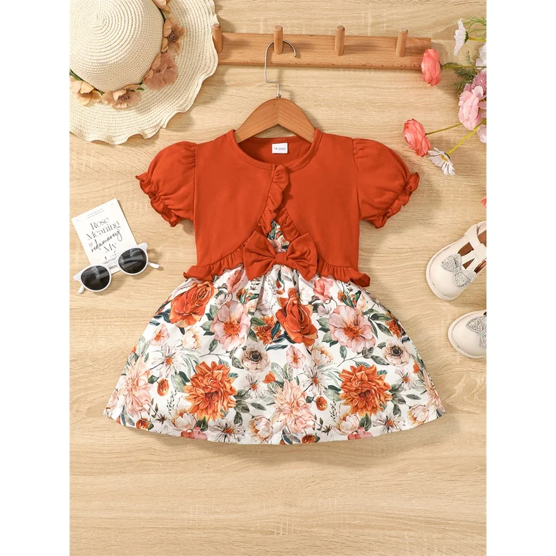 Conjunto de vestido de 2 piezas para niña, cárdigan de manga de burbuja, vestido Floral con tirantes y lazo, ropa de moda de verano, Atuendo para niño de 1 a 6 años - imagen 3