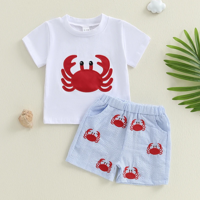Suefunskry Conjuntos de verano para niños pequeños, camisetas y pantalones cortos de manga corta con cuello redondo y bordado de cangrejo