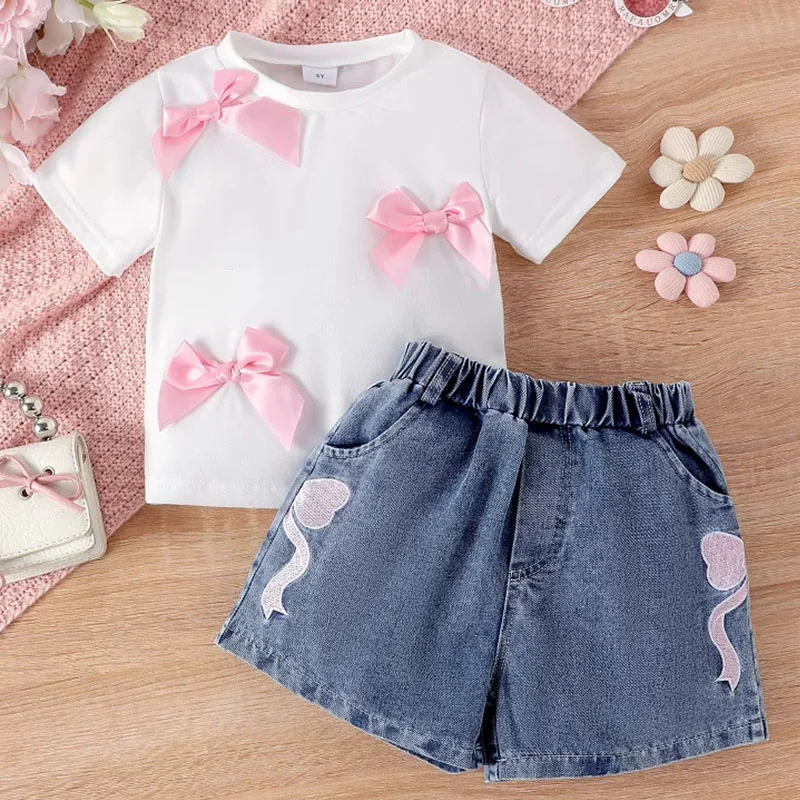 Conjuntos de 2 piezas de ropa de verano para niño niña, camisetas coreanas de manga corta con bonito lazo blanco para bebé + pantalones cortos de mezclilla, ropa de Boutique para niños B055