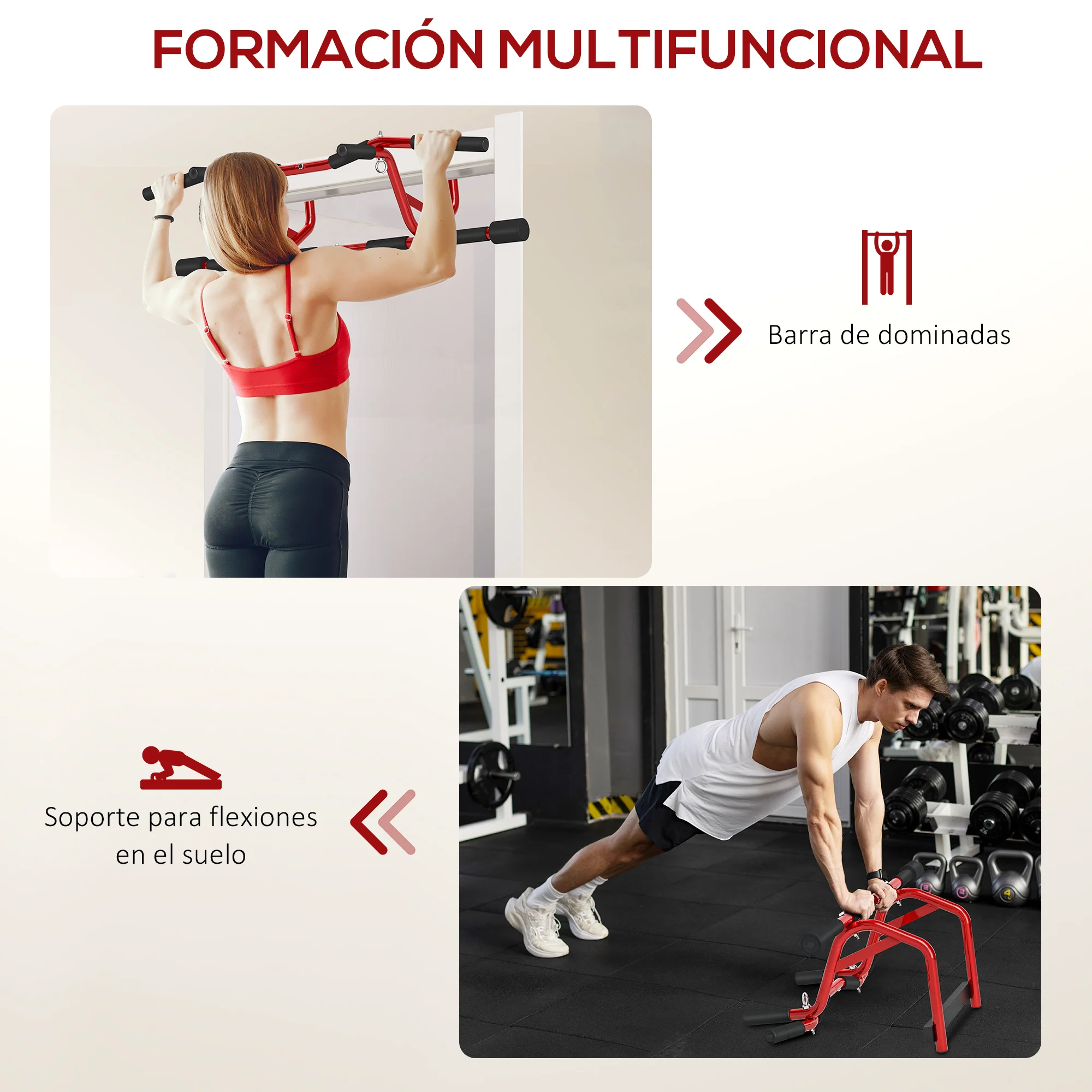 SPORTNOW Barra de Dominadas Multifuncional Barra de Dominadas de Pared Carga 150 kg para Ejercicio y Entrenamiento en Casa Gimnasio Rojo y Negro - imagen 4