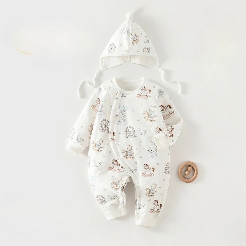 Mono cálido y grueso con sombrero para niña, pelele de manga larga con estampado bonito Unisex para invierno, pelele suave y cómodo para exteriores para niño