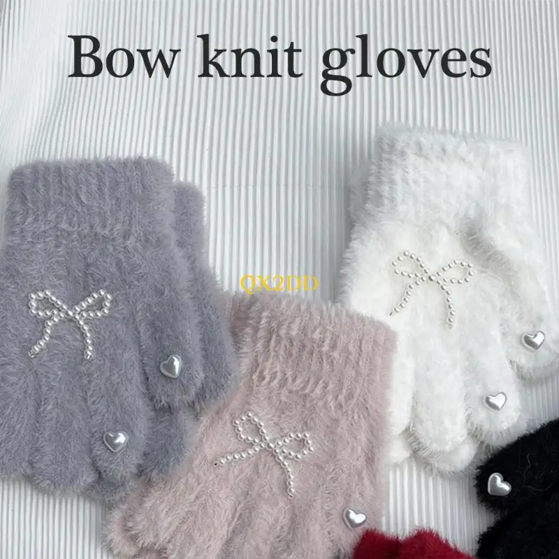 QX2D Guantes Elegantes con Lazos Perlas para niñas 3 a 8 años Manoplas Punto Suave - imagen 3