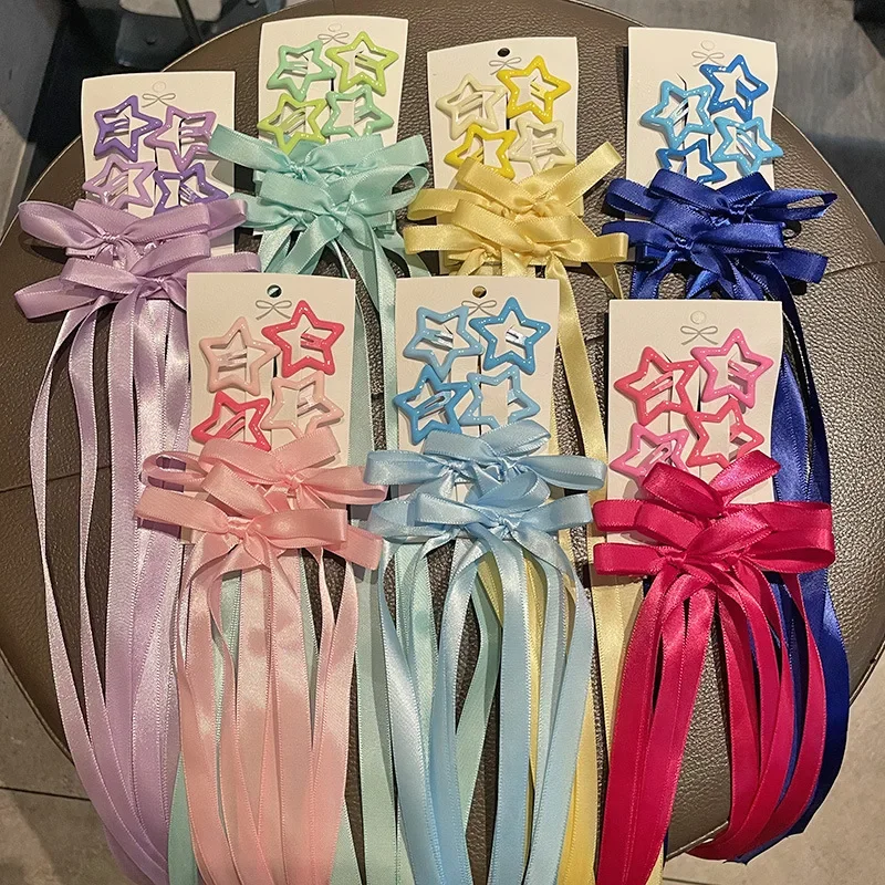 6 unids/set Ins estilo lindo pasadores de estrella con lazo para el pelo Clip de cinta para niños coreano Color sólido trenza Clip de pelo sombreros para niños - imagen 2