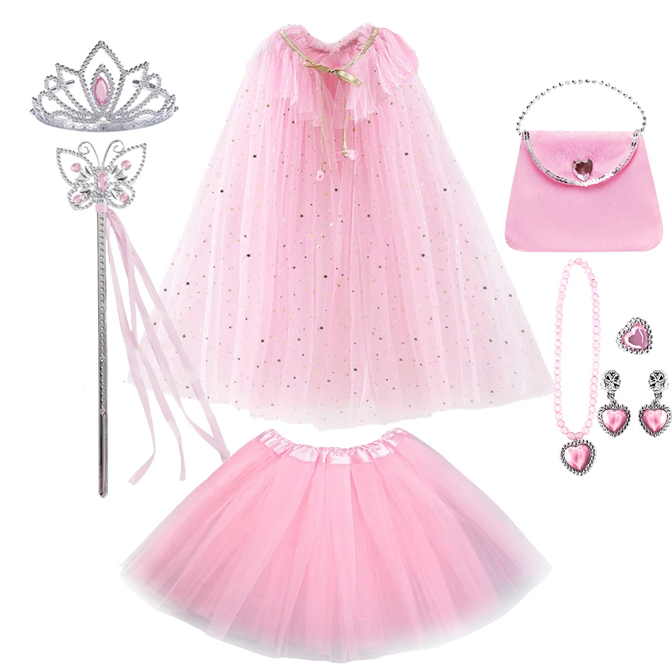 Juego de disfraz de actuación para niñas, capa de tul ligera, bolsa de corona con varita para niños, Ideal para fiestas de cumpleaños y Halloween, 9 Uds.