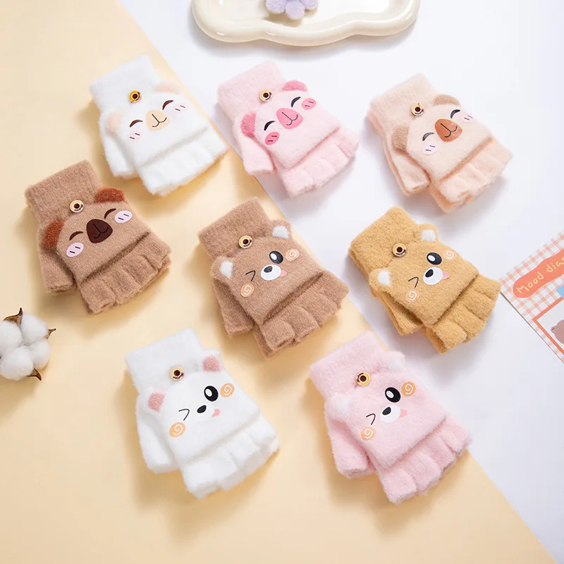 Manoplas convertibles con tapa abatible para niños, guantes cálidos de invierno con bonitos dibujos, sin dedos, cubierta completa para los dedos, guantes con estampado Animal para niños pequeños
