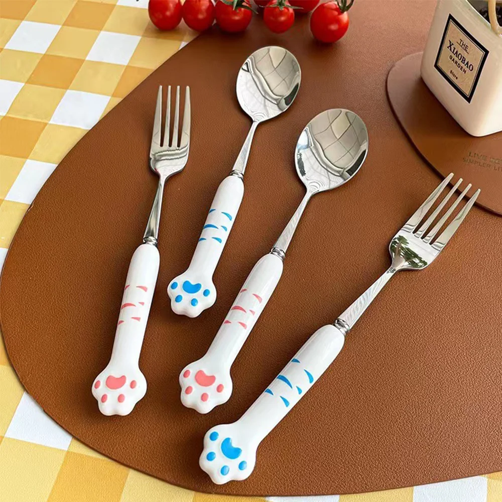 Juego de cuchara y tenedor de acero inoxidable con caja de almacenamiento, vajilla portátil con forma de pata de gato, Kit de vajilla para la escuela para adultos y niños - imagen 3