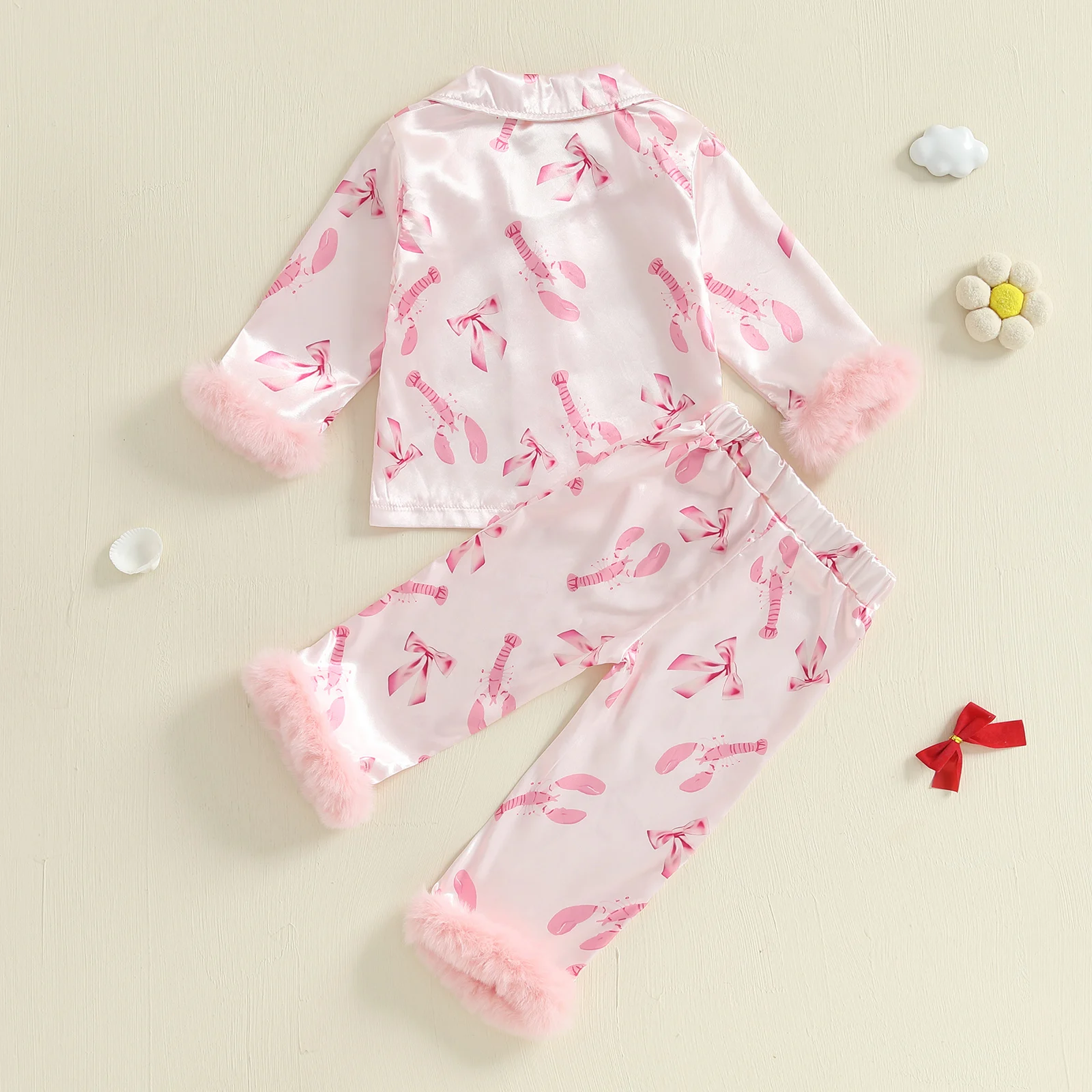 Conjunto de pijamas para niñas de 1 a 4 años, camisa de manga larga con botones y estampado de langosta y lazo con ribete de plumas y pantalones elásticos para ropa de descanso - imagen 2