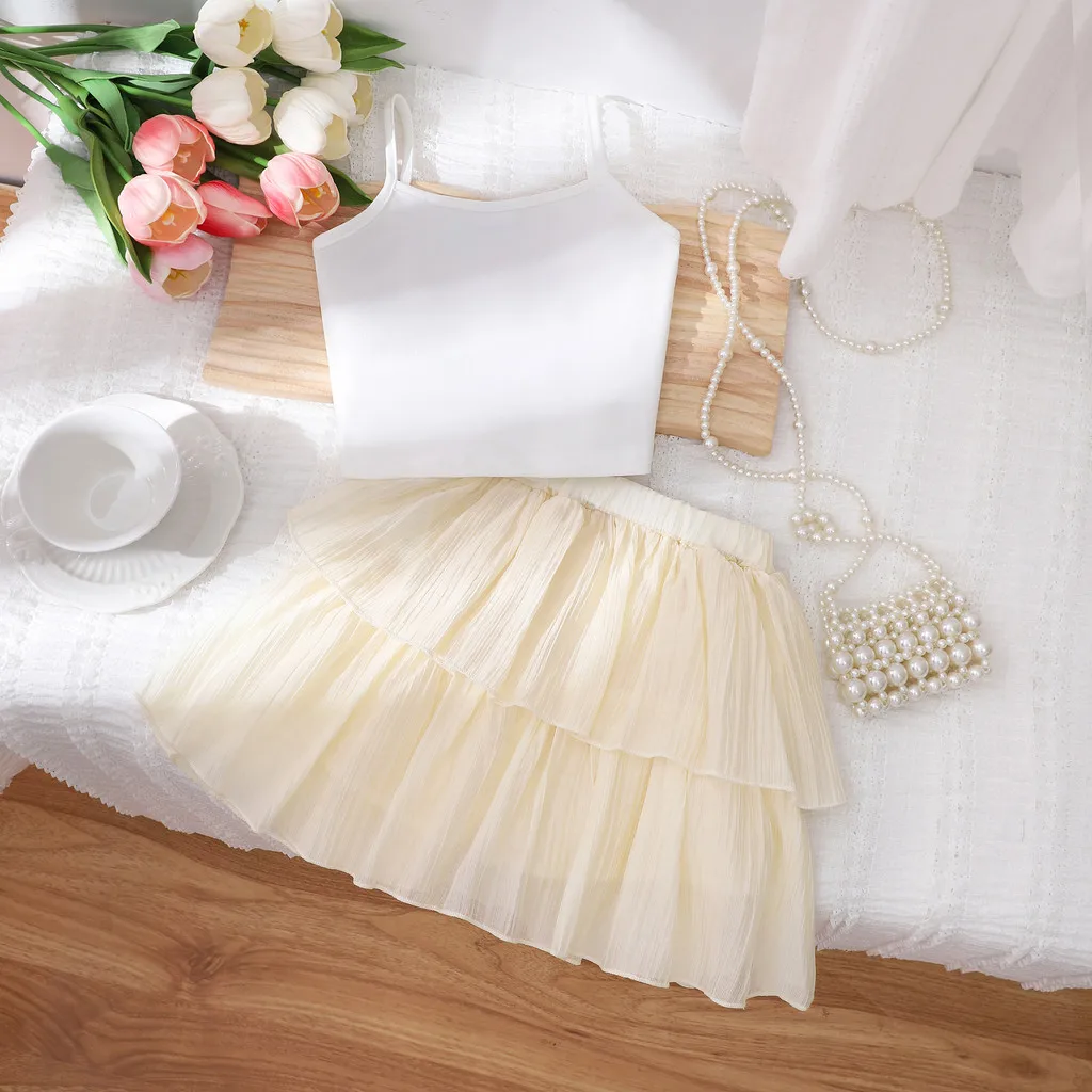 Conjunto de verano para niña: chaleco blanco con flores y falda - imagen 2
