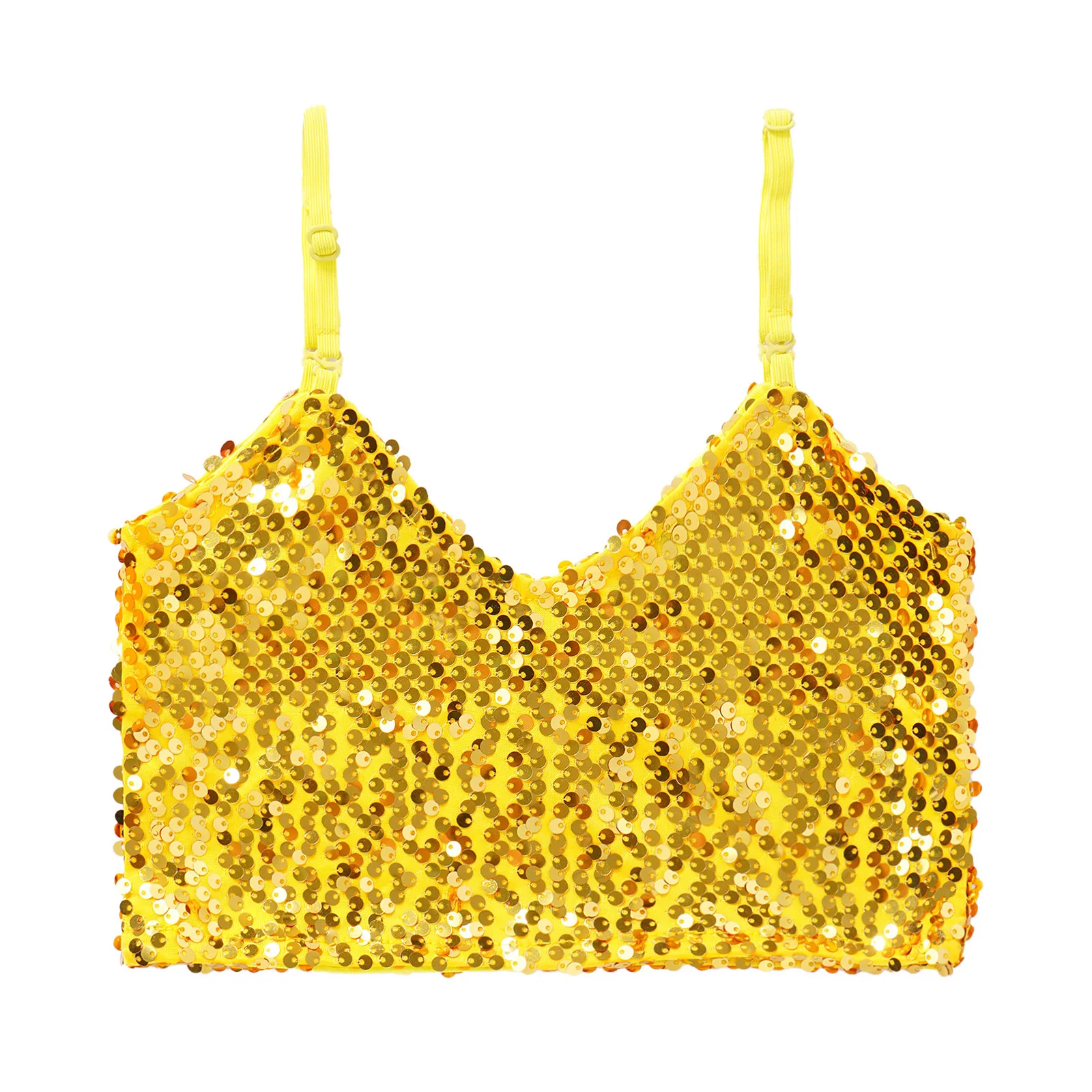 Top corto de lentejuelas brillantes para niñas, sin mangas, escote en V, tirantes finos ajustables, camisetas sin mangas para baile de Jazz latino - imagen 4
