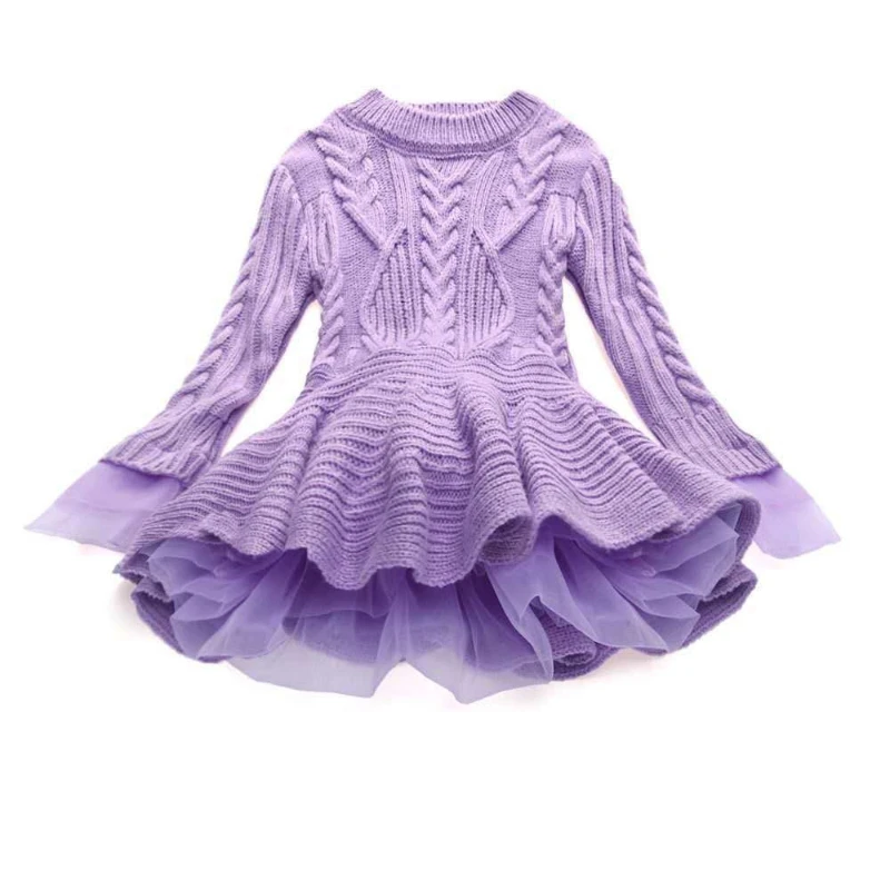 Vestido suéter de manga larga tejido de invierno para niña, bonito vestido de princesa de Color sólido, falda abombada de tul para Navidad - imagen 2