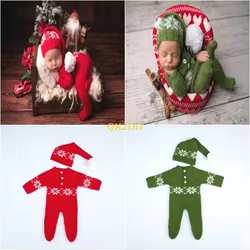 QX2D Conjunto mono y sombrero rojo navideño, accesorios fotografía, ropa fotografía para recién nacidos