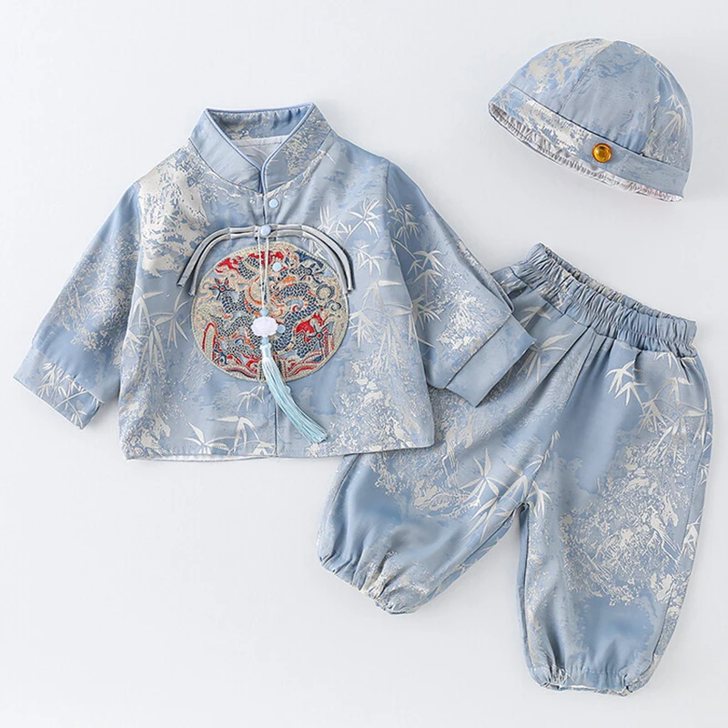 Conjuntos de 3 piezas de ropa de Boutique para bebé, ropa de estilo chino, Tops de manga larga de algodón, pantalones y sombrero, fotografía para recién nacido BC157 - imagen 4