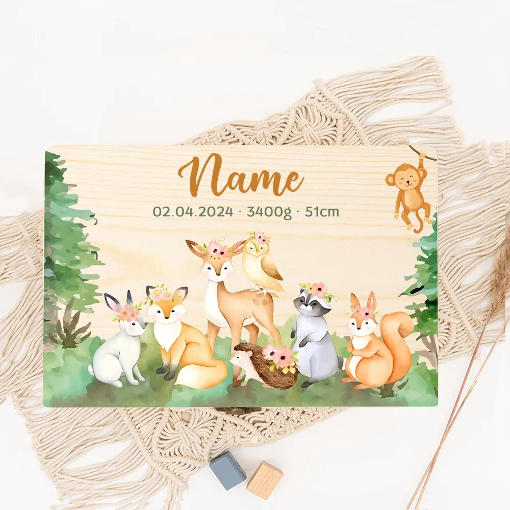 Caja de recuerdos de madera personalizada para recién nacidos, cajas de memoria para bebés de animales de la selva, recuerdo para bebés recién nacidos, regalo de estadísticas de nacimiento - imagen 5