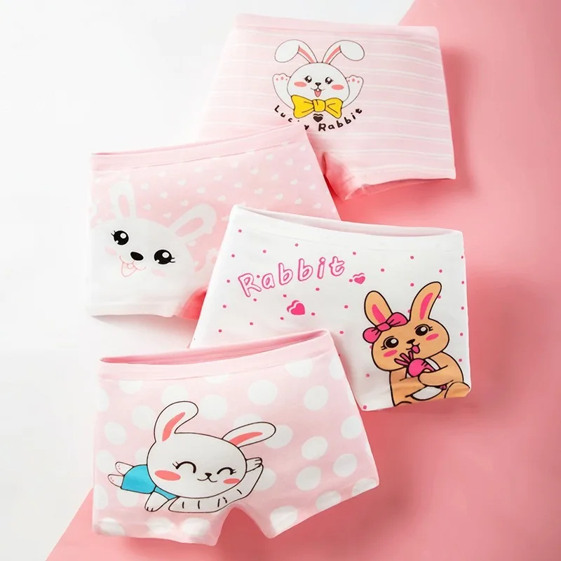 Ropa interior de algodón para niños de 4 piezas, calzoncillos Boxer suaves para niñas, bragas transpirables con patrón de dibujos animados de conejo bonito para niña