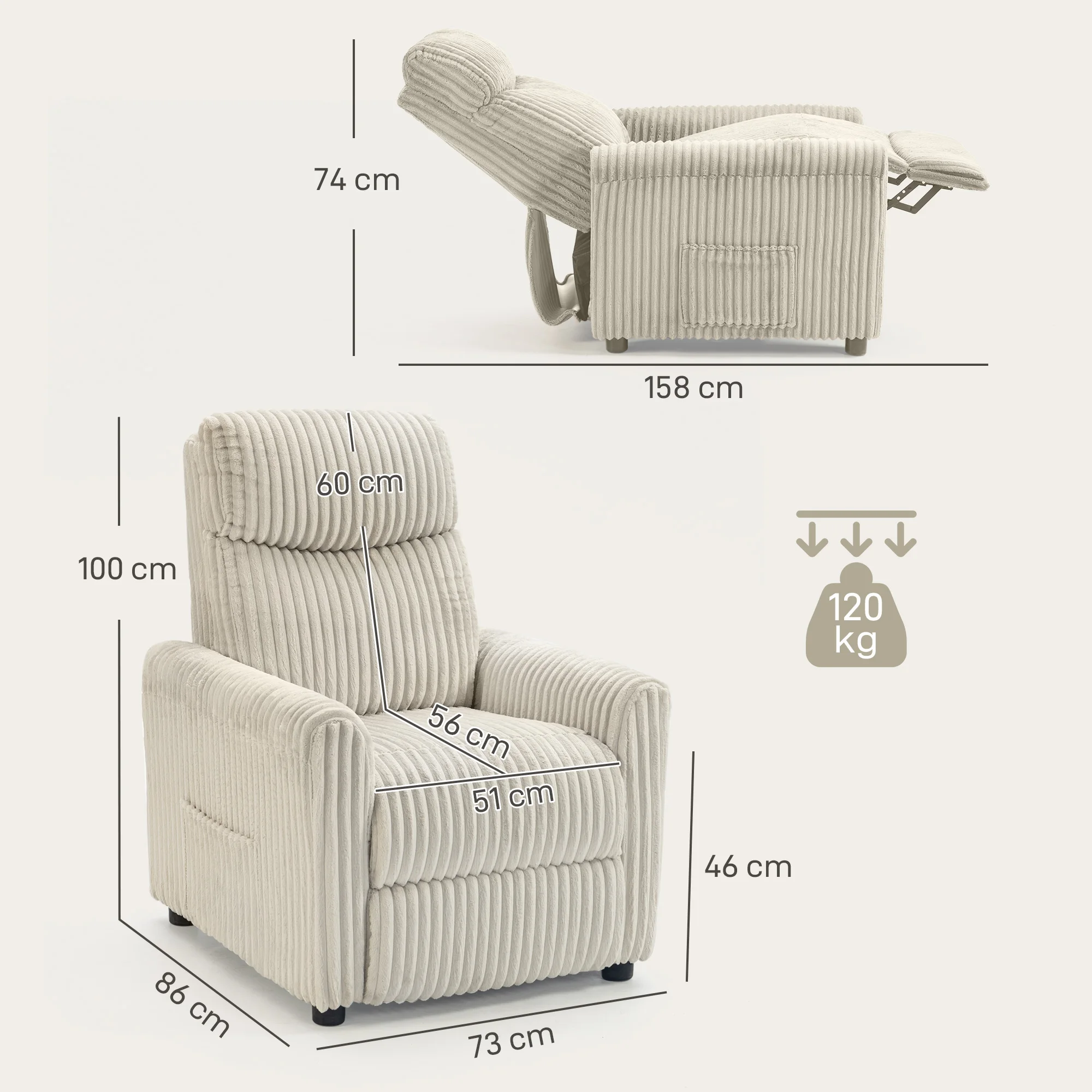 HOMCOM Sillón Relax Reclinable, Sillón Reclinable Manual, Tapizado en Pana, Instalación Rápida, Reposapiés, Acolchado Grueso, para Salón, Dormitorio, Oficina, Crema - imagen 3