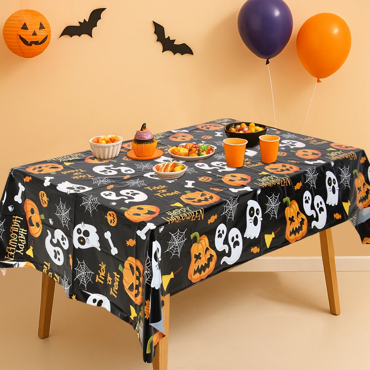 Mantel de murciélago espeluznante de calabaza de Halloween, cubierta de mesa de Halloween, suministros para fiestas de otoño, manteles impresos, suministros para fiestas y festivales - imagen 3